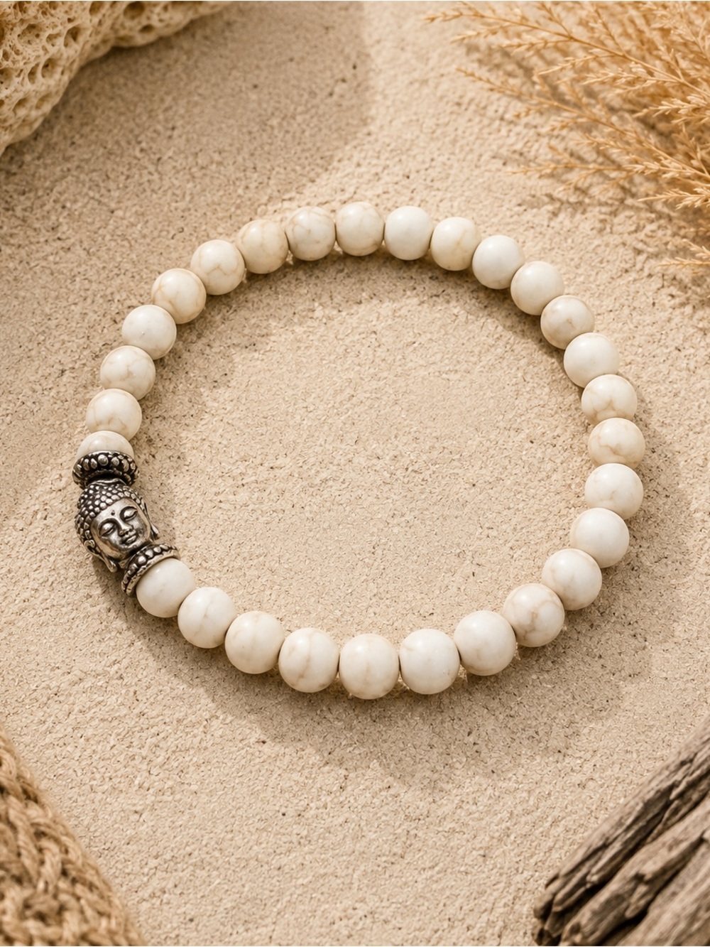 Bali Artisan White Howlite Buddha Stone Beaded Bracelet